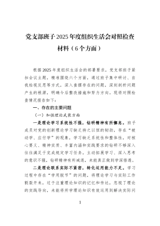 党支部班子2025年度组织生活会对照检查材料（6个方面）