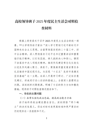 高校领导班子2025年度民主生活会对照检查材料