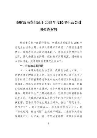 市财政局党组班子2025年度民主生活会对照检查材料