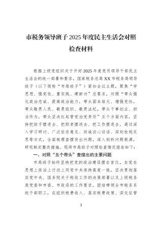 市税务领导班子2025年度民主生活会对照检查材料