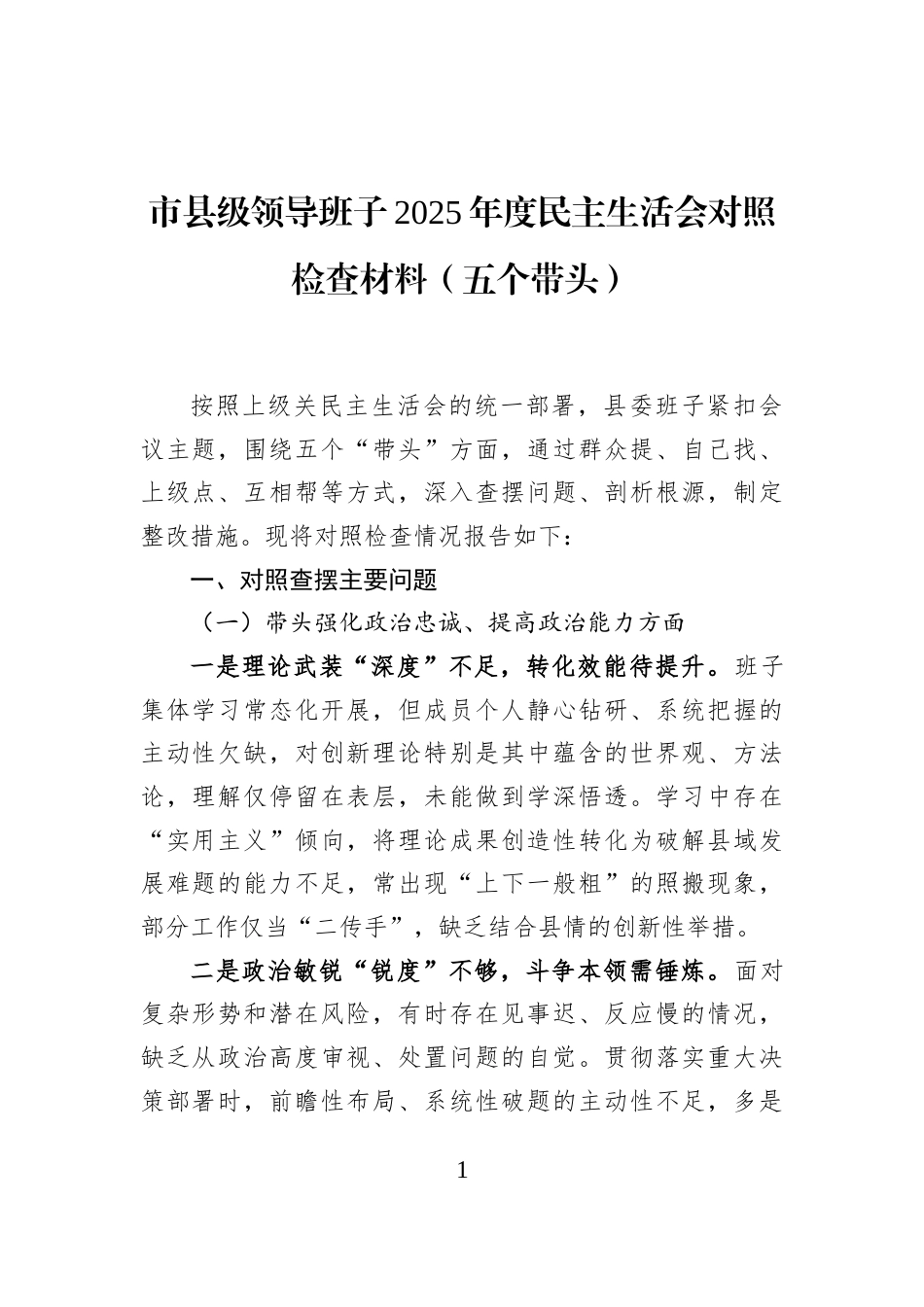 市县级领导班子2025年度民主生活会对照检查材料（五个带头）_第1页