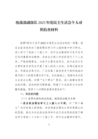 统战部副部长2025年度民主生活会个人对照检查材料