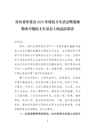 在区委常委会2025年度民主生活会暨巡视整改专题民主生活会上的总结讲话