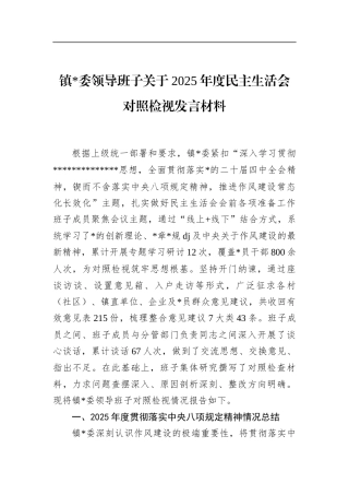 镇领导班子关于2025年度民主生活会对照检视发言材料