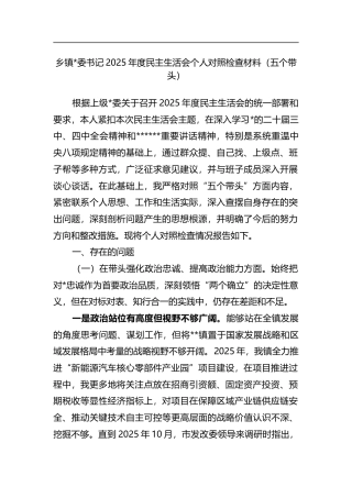 乡镇书记2025年度民主生活会个人对照检查材料（五个带头）