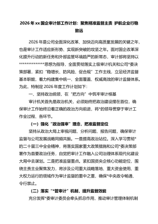 2026年党党国企审计部工作计划：聚焦精准监督主责+护航企业行稳致远