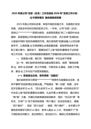 2025年度公司支部（总支）工作总结及2026年支部工作计划：党建引领夯基石+融合赋能促发展