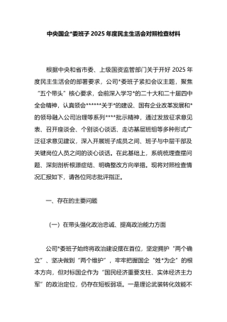 中央国企班子2025年度民主生活会对照检查材料