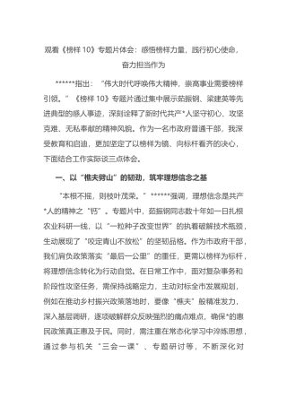 观看《榜样10》专题片心得体会：感悟榜样力量，践行初心使命，奋力担当作为