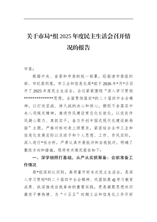 关于市局2025年度民主生活会召开情况的报告