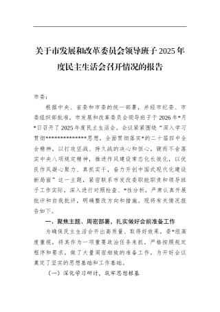 关于市发展和改革委员会领导班子2025年度民主生活会召开情况的报告