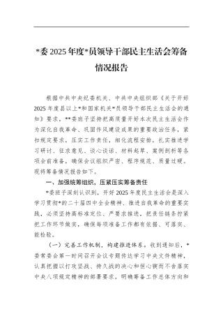 2025年度党员领导干部民主生活会筹备情况报告
