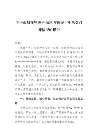 关于市局领导班子2025年度民主生活会召开情况的报告