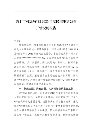 关于市司法局2025年度民主生活会召开情况的报告