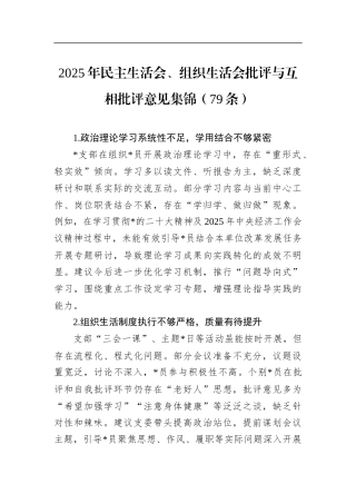 2025年民主生活会、组织生活会批评与互相批评意见集锦（79条）