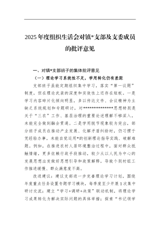 2025年度组织生活会对镇支部及支委成员的批评意见