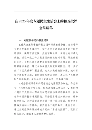 在2025年度专题民主生活会上的相互批评意见清单