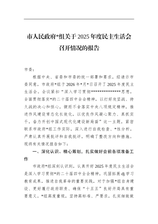 市人民政府关于2025年度民主生活会召开情况的报告