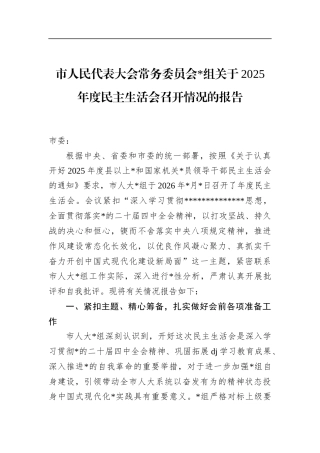 市人民代表大会常务委员会关于2025年度民主生活会召开情况的报告