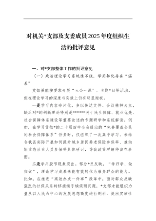 对机关支部及支委成员2025年度组织生活的批评意见