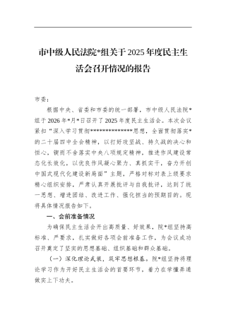 市中级人民法院关于2025年度民主生活会召开情况的报告
