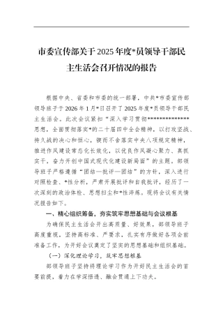 市委宣传部关于2025年度党员领导干部民主生活会召开情况的报告