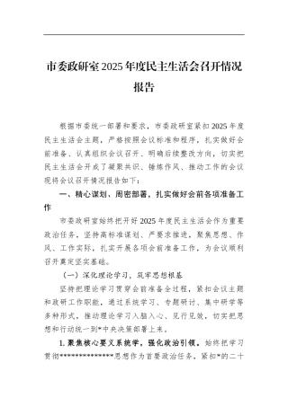 市委政研室2025年度民主生活会召开情况报告