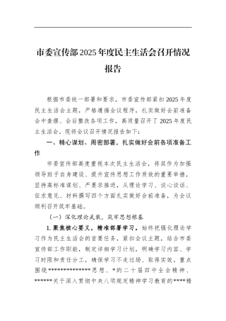 市委宣传部2025年度民主生活会召开情况报告