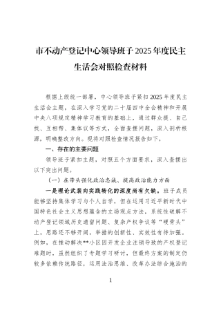 市不动产登记中心领导班子2025年度民主生活会对照检查材料