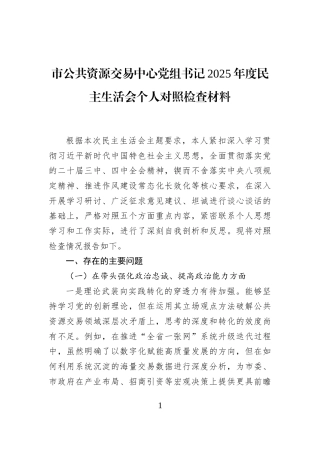 市公共资源交易中心党组书记2025年度民主生活会个人对照检查材料