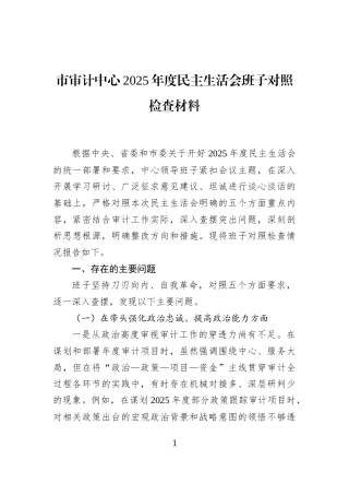 市审计中心2025年度民主生活会班子对照检查材料