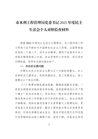 市水利工程管理局党委书记2025年度民主生活会个人对照检查材料