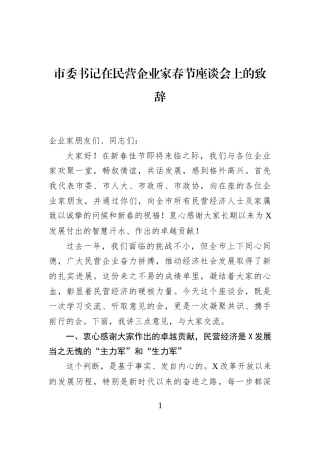 市委书记在民营企业家春节座谈会上的致辞