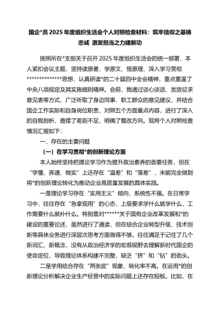 国企党员2025年度组织生活会个人对照检查材料：筑牢信仰之基铸忠诚+激发担当之力建新功
