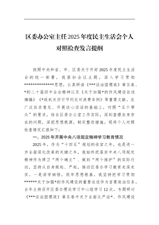 区委办公室主任2025年度民主生活会个人对照检查发言提纲
