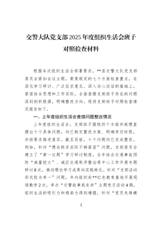 交警大队党支部2025年度组织生活会班子对照检查材料