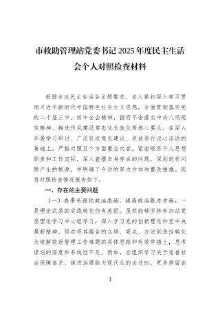 市救助管理站党委书记2025年度民主生活会个人对照检查材料
