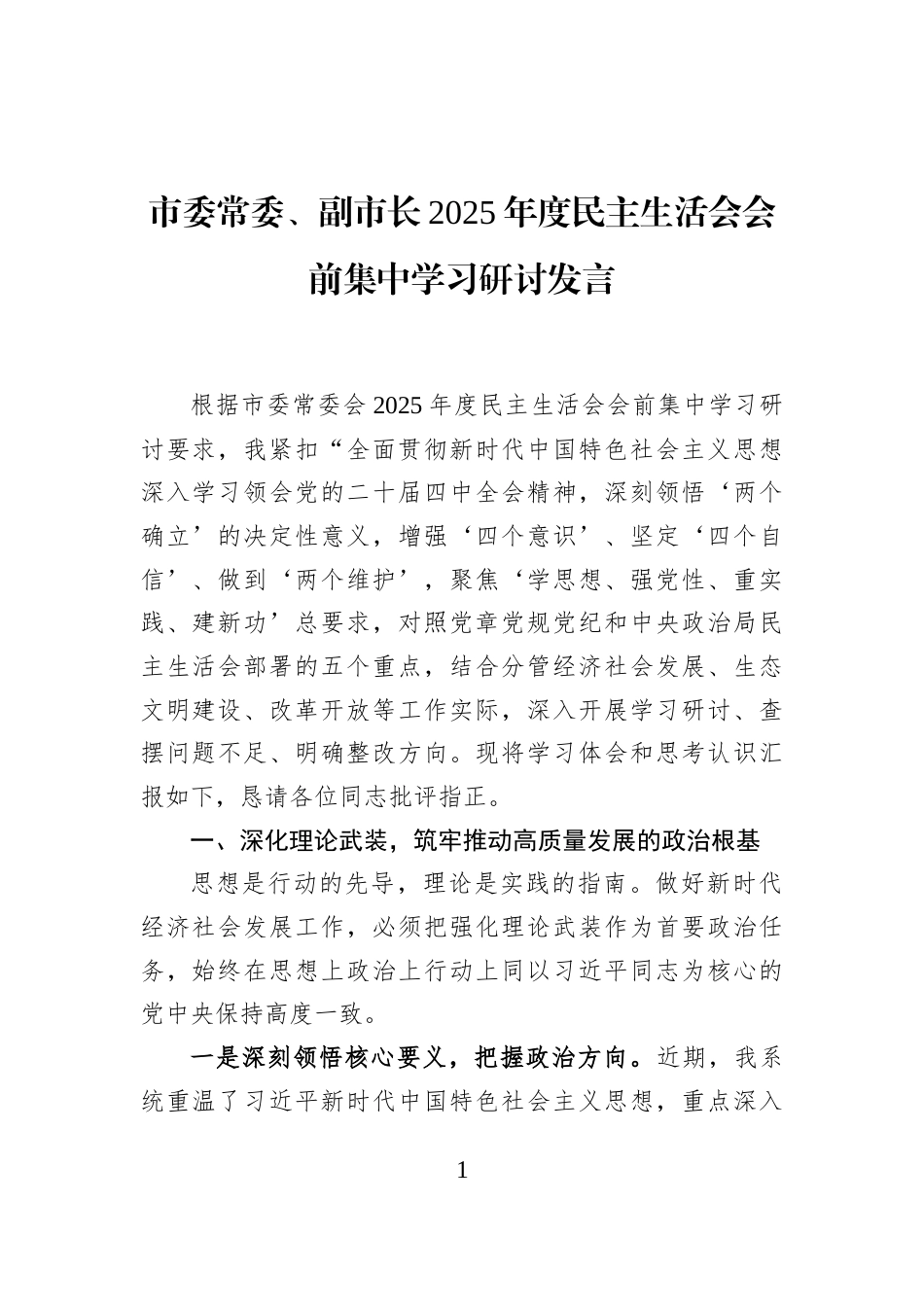 市委常委、副市长2025年度民主生活会会前集中学习研讨发言_第1页