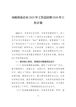 市政府办公室2025年工作总结和2026年工作计划