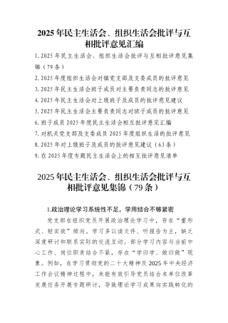 2025年民主生活会、组织生活会批评与互相批评意见汇编