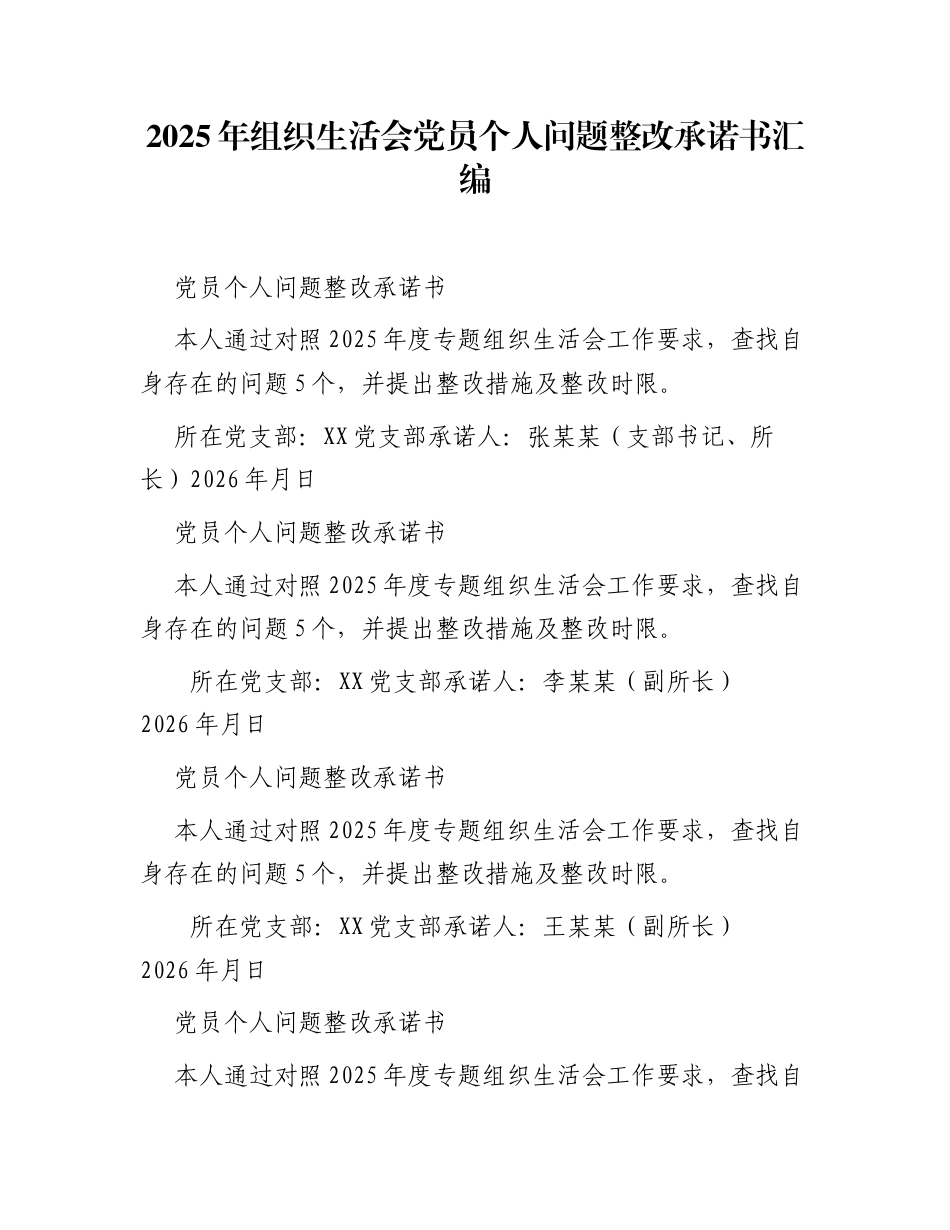 2025年组织生活会党员个人问题整改承诺书汇编_第1页