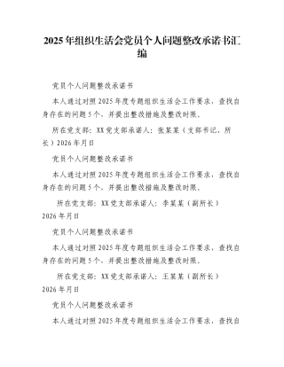 2025年组织生活会党员个人问题整改承诺书汇编