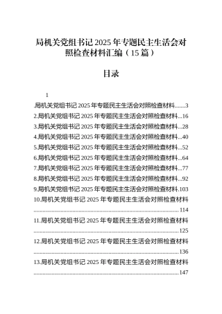 局机关党组书记2025年度民主生活会对照检查材料汇编（15篇）