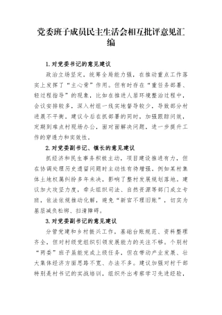 党委班子成员民主生活会相互批评意见汇编