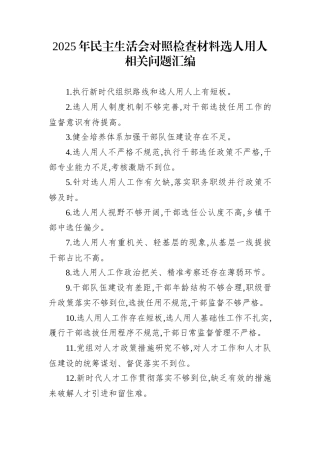 2025年民主生活会对照检查材料选人用人相关问题汇编