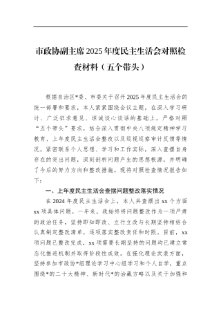 市政协副主席2025年度民主生活会对照检查材料（五个带头）
