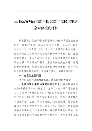 县公安局政治部主任2025年度民主生活会对照检查材料