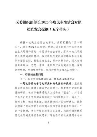 区委组织部部长2025年度民主生活会对照检查发言提纲（五个带头）