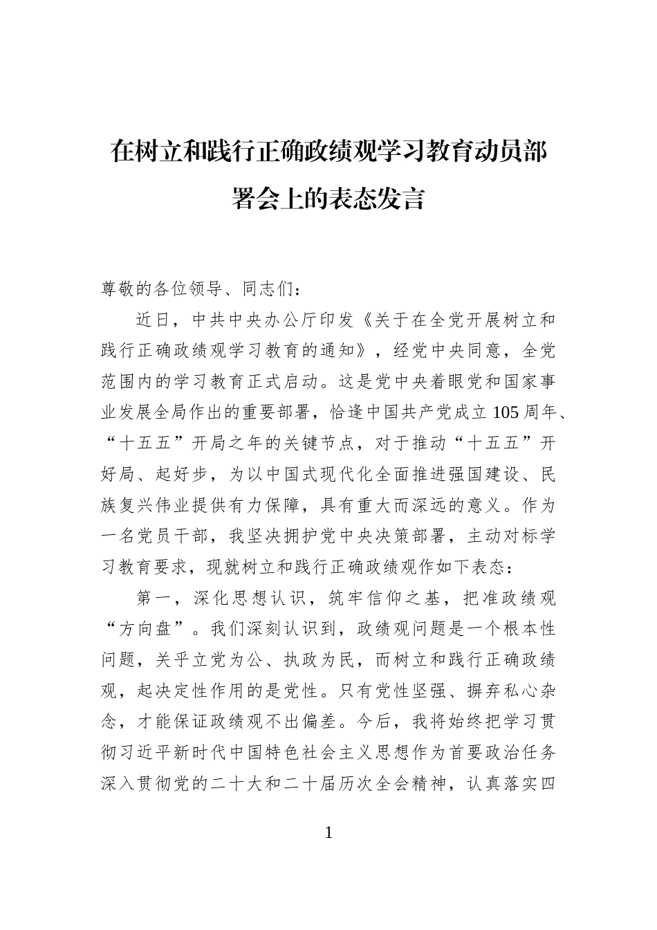在树立和践行正确政绩观学习教育动员部署会上的表态发言_第1页