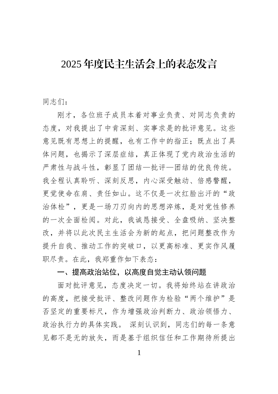 2025年度民主生活会上的表态发言_第1页